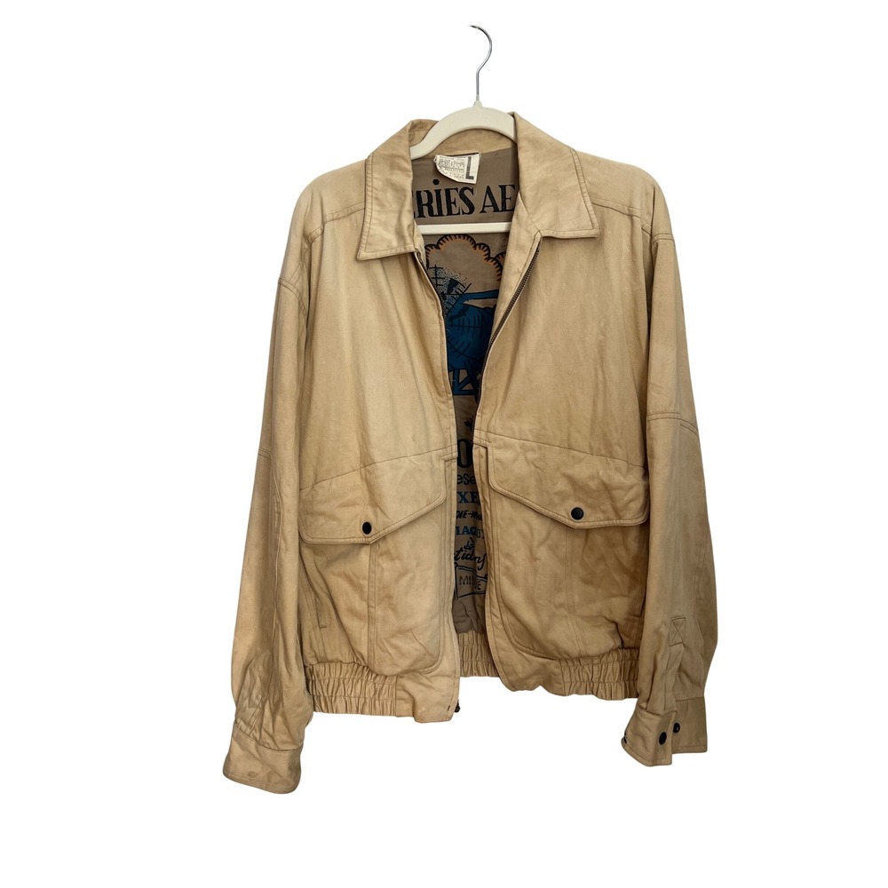 Mirage Vintage Bomber Jacket Mens Size L Tan Cotton Aviator Graphic Lining Y2K